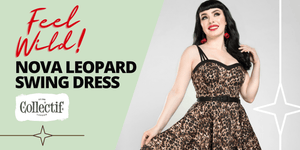 Collectif clothing London the proper pinup nova leopard swing dress vintage and retro clothing from the 1950s cherry earrings swing dance dress