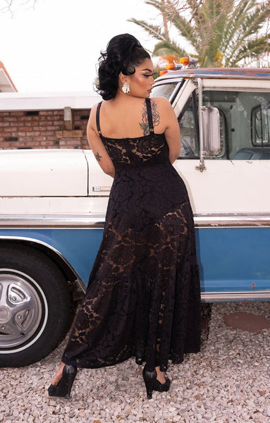 Elle Rebel sheer lace COACHELLA VALLEY LACE MAXI DRESS. Perfect for the deserts of Coachella or Viva Rockabilly Weekend in the hot weather of the summer. Entirely sheer floor length look. high quality lace in a full skirt. Staple outfit piece for every pinup, vintage, goth, or boho - The Proper Pinup